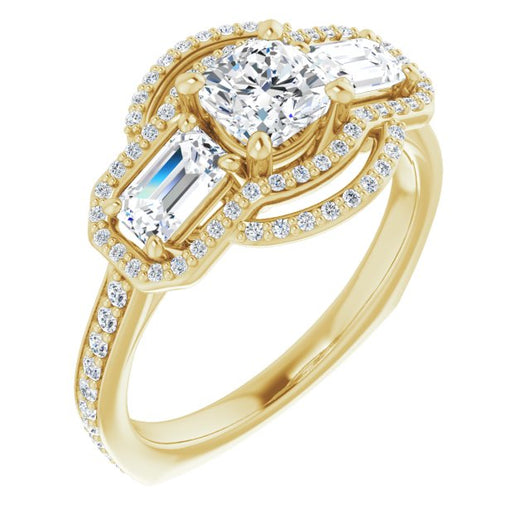 10K Yellow Gold Customizable Enhanced 3-stone Style with Cushion Cut Center, Emerald Cut Accents, Double Halo and Thin Shared Prong Band