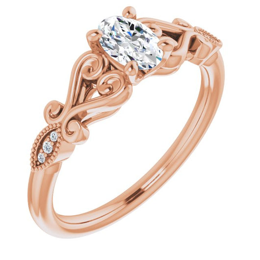 10K Rose Gold Customizable 7-stone Design with Oval Cut Center Plus Sculptural Band and Filigree