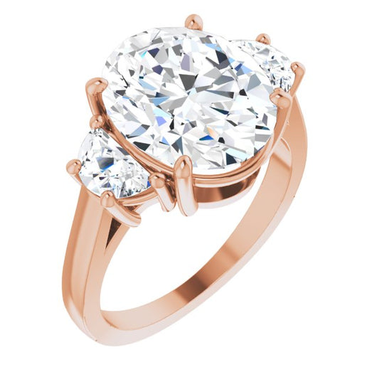 10K Rose Gold Customizable 3-stone Design with Oval Cut Center and Half-moon Side Stones