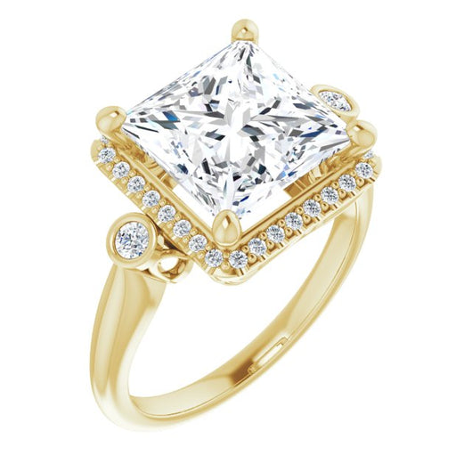 10K Yellow Gold Customizable Princess/Square Cut Style with Halo and Twin Round Bezel Accents