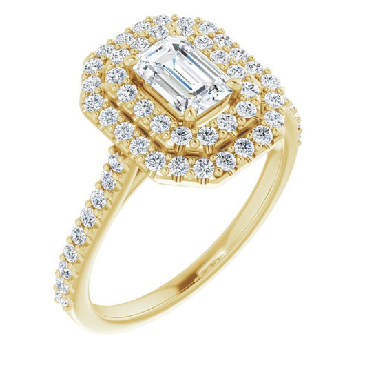 10K Yellow Gold Customizable Double-Halo Emerald/Radiant Cut Design with Accented Split Band