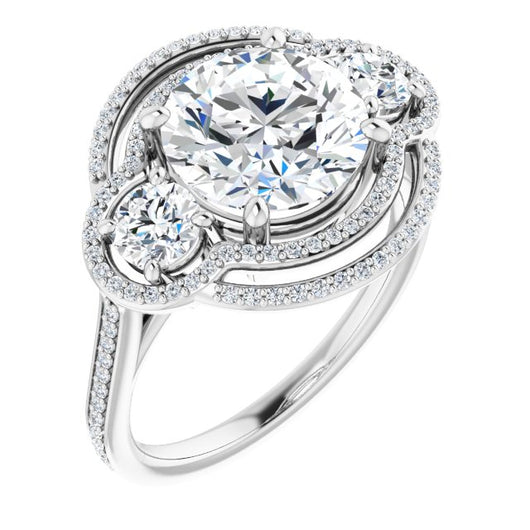 10K White Gold Customizable Enhanced 3-stone Double-Halo Style with Round Cut Center and Thin Band