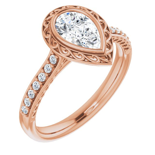 10K Rose Gold Customizable Cathedral-Bezel Pear Cut Design featuring Accented Band with Filigree Inlay