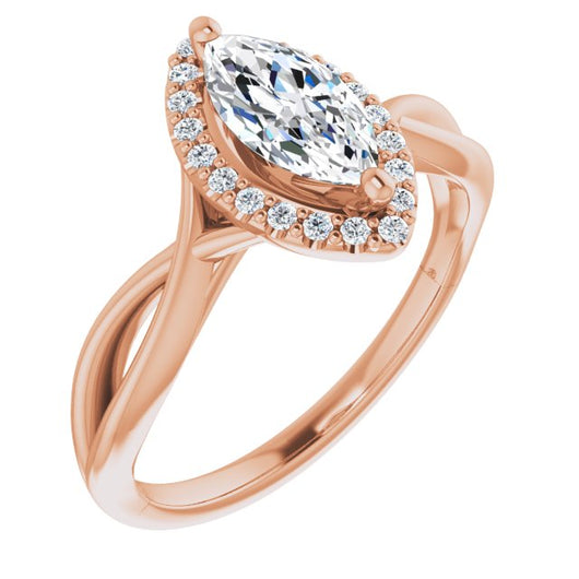 10K Rose Gold Customizable Cathedral-Halo Marquise Cut Design with Twisting Split Band