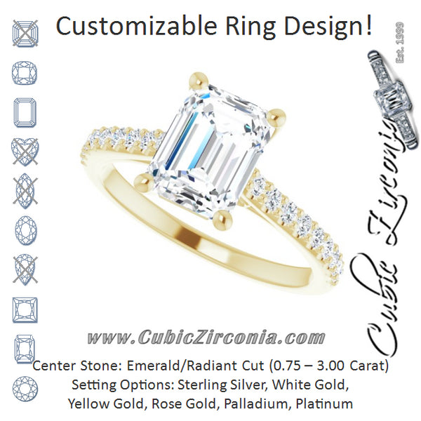 Cubic Zirconia Engagement Ring- The Diane (Customizable Cathedral-raised Emerald Cut Design with Accented Band and Infinity Symbol Trellis Decoration)