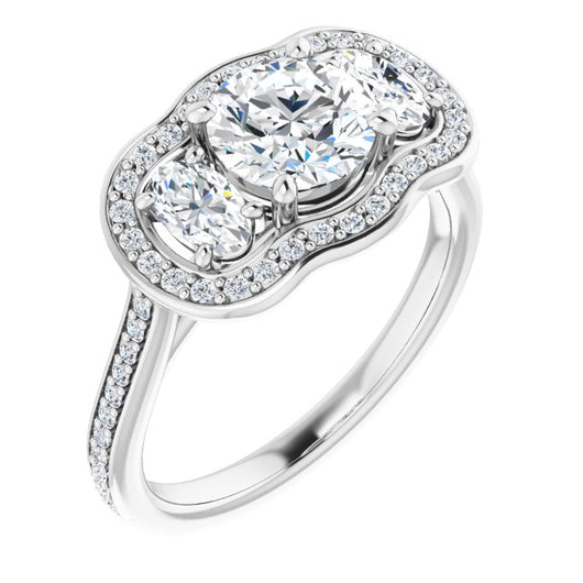 10K White Gold Customizable Round Cut Style with Oval Cut Accents, 3-stone Halo & Thin Shared Prong Band