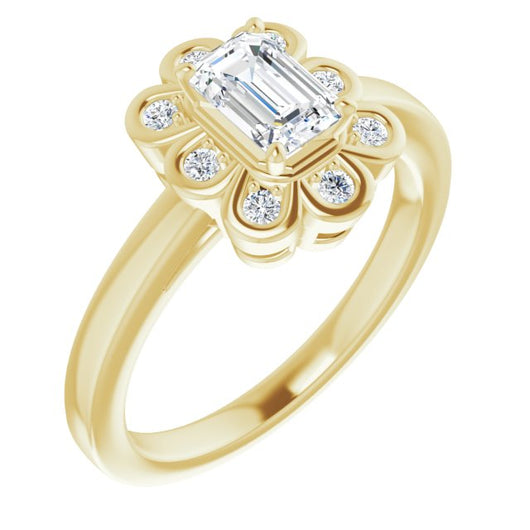 10K Yellow Gold Customizable 9-stone Emerald/Radiant Cut Design with Round Bezel Side Stones