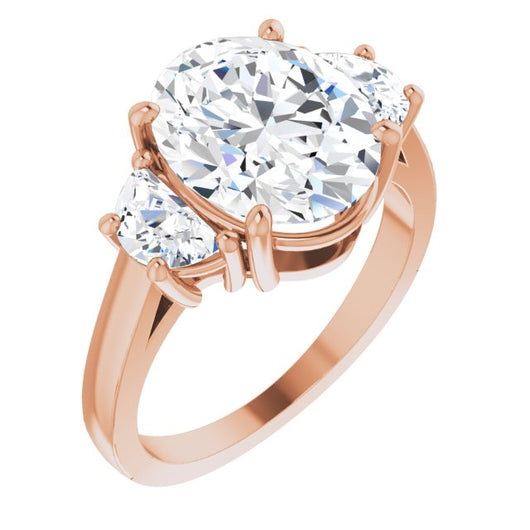 10K Rose Gold Customizable 3-stone Design with Oval Cut Center and Half-moon Side Stones