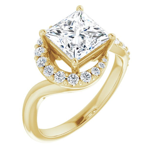 10K Yellow Gold Customizable Princess/Square Cut Design with Swooping Pavé Bypass Band