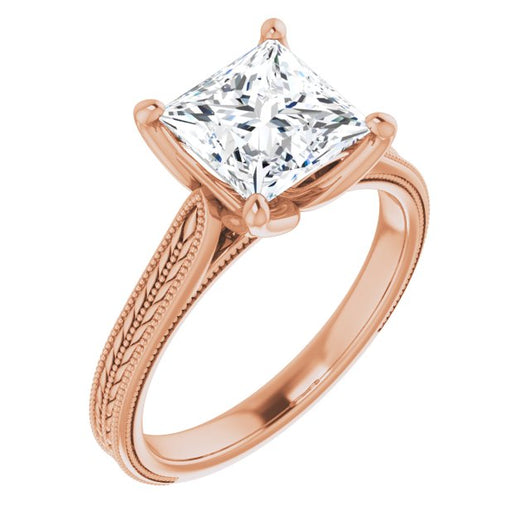 10K Rose Gold Customizable Princess/Square Cut Solitaire with Wheat-inspired Band 