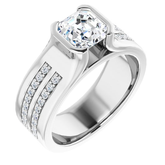 10K White Gold Customizable Bezel-set Asscher Cut Design with Thick Band featuring Double-Row Shared Prong Accents