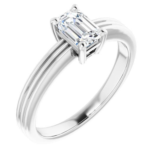 10K White Gold Customizable Emerald/Radiant Cut Solitaire with Double-Grooved Band