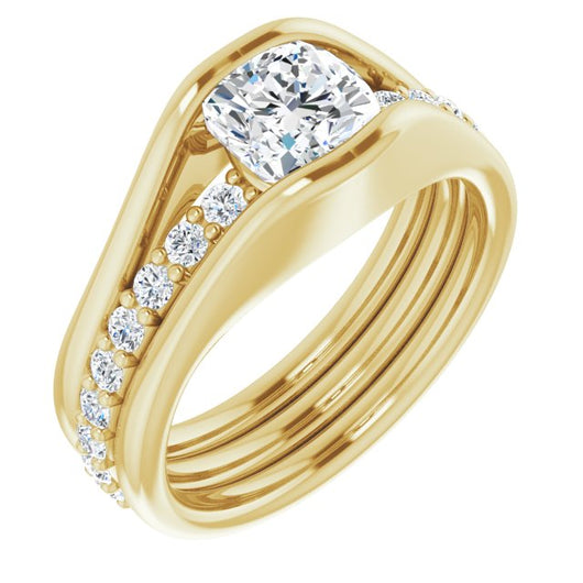 10K Yellow Gold Customizable Bezel-set Cushion Cut Style with Thick Pavé Band