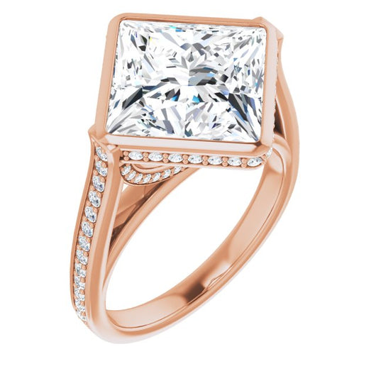 10K Rose Gold Customizable Cathedral-Bezel Princess/Square Cut Design with Under Halo and Shared Prong Band