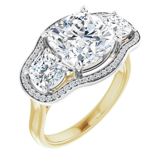 14K Yellow & White Gold Customizable 3-stone Design with Cushion Cut Center, Cushion Side Stones, Triple Halo and Bridge Under-halo