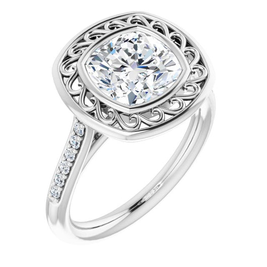 10K White Gold Customizable Cathedral-Bezel Cushion Cut Design with Floral Filigree and Thin Shared Prong Band