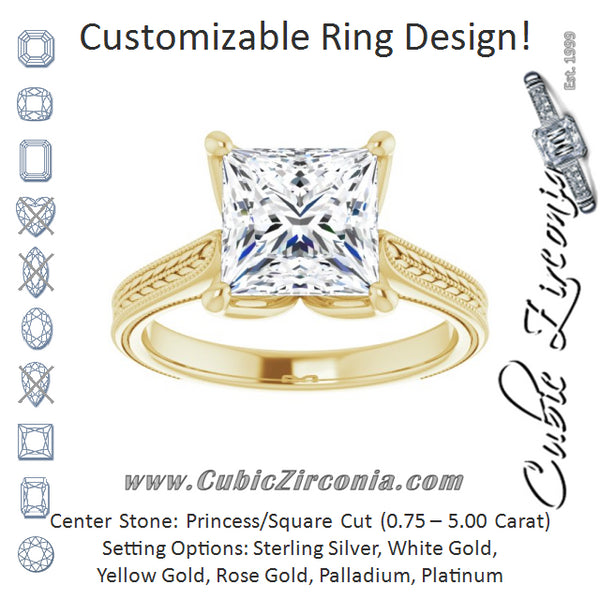 Cubic Zirconia Engagement Ring- The Dulcia (Customizable Princess/Square Cut Solitaire with Wheat-inspired Band)