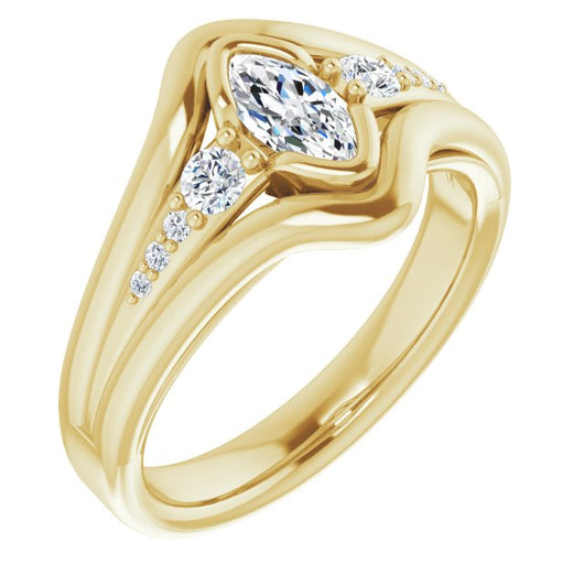 10K Yellow Gold Customizable 9-stone Marquise Cut Design with Bezel Center, Wide Band and Round Prong Side Stones