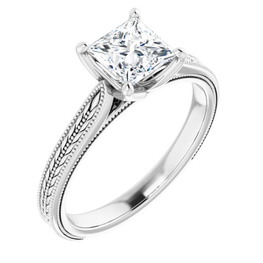 10K White Gold Customizable Princess/Square Cut Solitaire with Wheat-inspired Band 