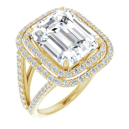 10K Yellow Gold Customizable Emerald/Radiant Cut Design with Double Halo and Wide Split-Pavé Band