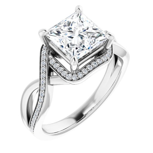 10K White Gold Customizable Bypass-Halo-Accented Princess/Square Cut Center with Twisting Split Shared Prong Band