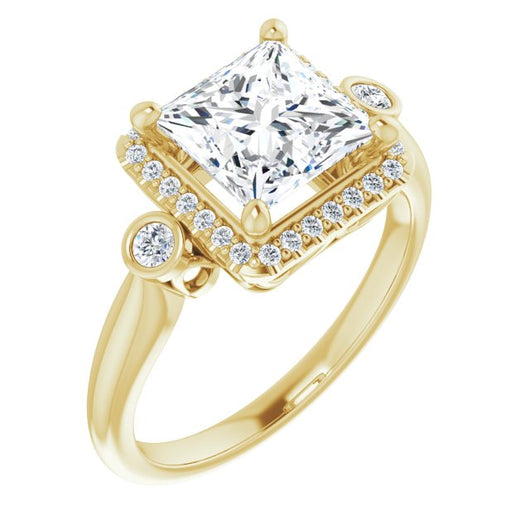 10K Yellow Gold Customizable Princess/Square Cut Style with Halo and Twin Round Bezel Accents