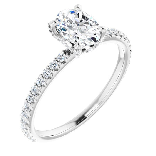 10K White Gold Customizable Oval Cut Design with Round-Accented Band, Micropav? Under-Halo and Decorative Prong Accents)