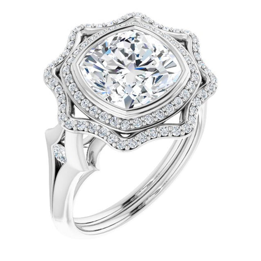 10K White Gold Customizable Cathedral-bezel Cushion Cut Design with Floral Double Halo and Channel-Accented Split Band