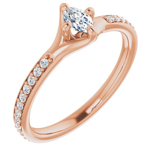 10K Rose Gold Customizable Marquise Cut Design featuring Thin Band and Shared-Prong Round Accents