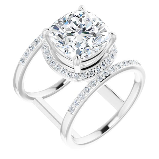 10K White Gold Customizable Cushion Cut Halo Design with Open, Ultrawide Harness Double Pavé Band