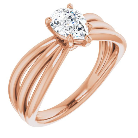 10K Rose Gold Customizable Pear Cut Solitaire Design with Wide, Ribboned Split-band