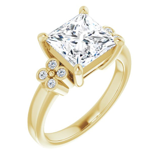 10K Yellow Gold Customizable 9-stone Design with Princess/Square Cut Center and Complementary Quad Bezel-Accent Sets