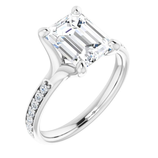 10K White Gold Customizable Heavy Prong-Set Emerald/Radiant Cut Style with Round Cut Band Accents