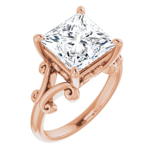 10K Rose Gold Customizable Princess/Square Cut Solitaire with Band Flourish and Decorative Trellis