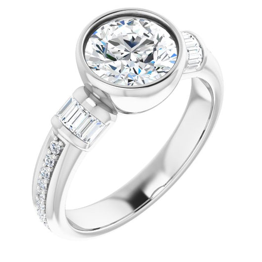 10K White Gold Customizable Cathedral-Bezel Round Cut Style with Horizontal Baguettes & Shared Prong Band