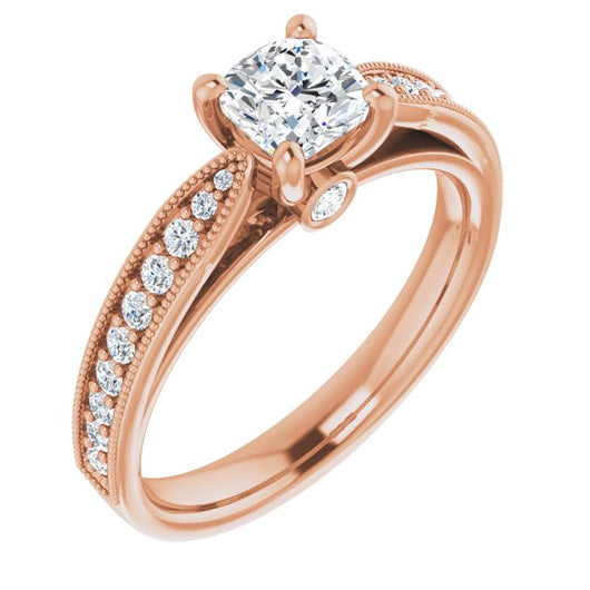 10K Rose Gold Customizable Cushion Cut Style featuring Milgrained Shared Prong Band & Dual Peekaboos