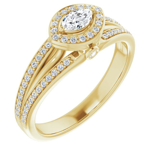 10K Yellow Gold Customizable High-set Marquise Cut Design with Halo, Wide Tri-Split Shared Prong Band and Round Bezel Peekaboo Accents