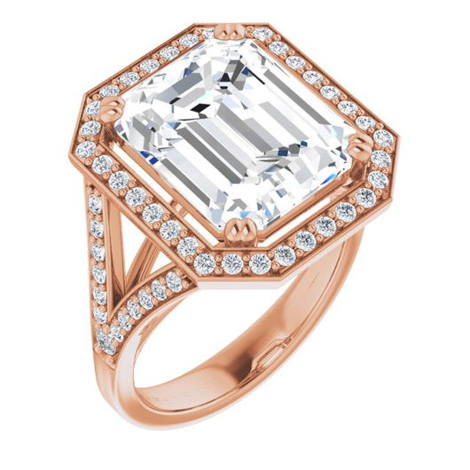 10K Rose Gold Customizable Cathedral-set Emerald/Radiant Cut Style with Accented Split Band and Halo