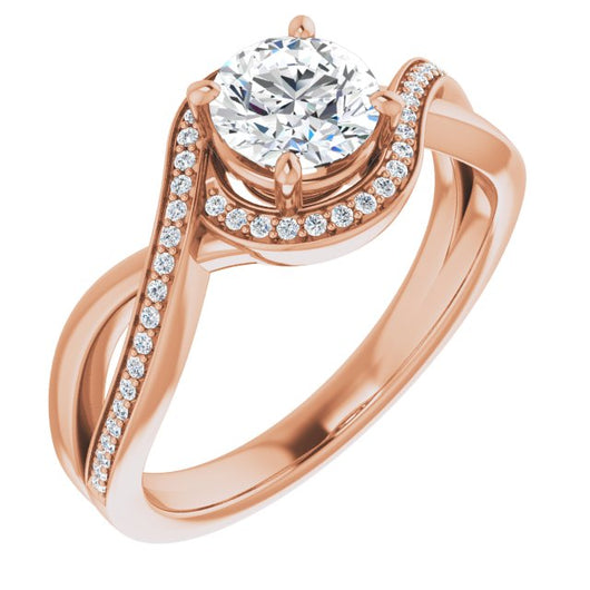 10K Rose Gold Customizable Bypass-Halo-Accented Round Cut Center with Twisting Split Shared Prong Band