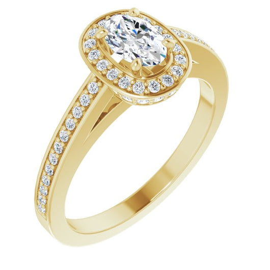 10K Yellow Gold Customizable Cathedral-set Oval Cut Design with Halo, Thin Pavé Band & Round-Bezel Peekaboos