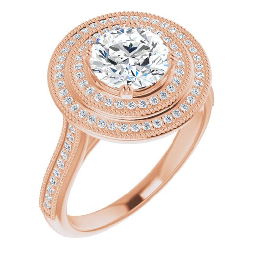 10K Rose Gold Customizable Round Cut Design with Elegant Double Halo, Houndstooth Milgrain and Band-Channel Accents