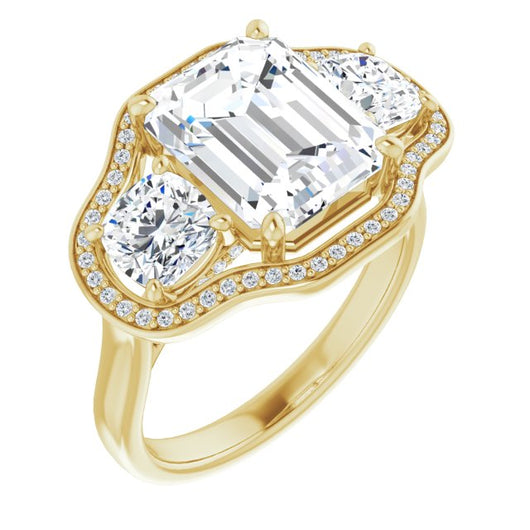 10K Yellow Gold Customizable 3-stone Design with Emerald/Radiant Cut Center, Cushion Side Stones, Triple Halo and Bridge Under-halo