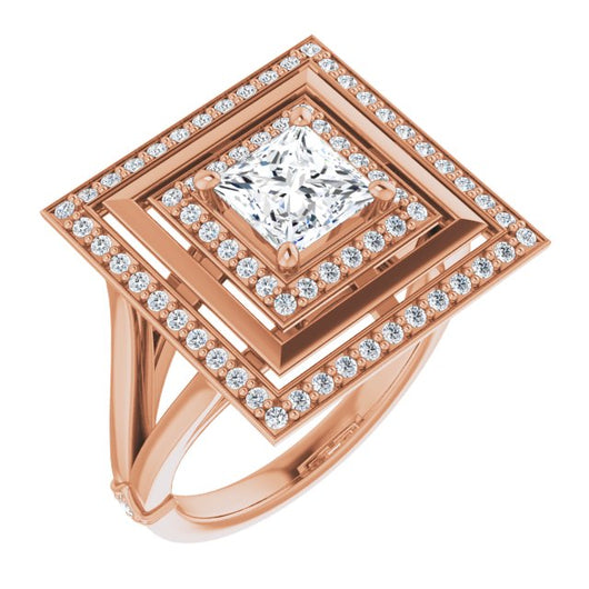 10K Rose Gold Customizable Princess/Square Cut Oversized 2x Halo Style with Knuckle Accented Split Band