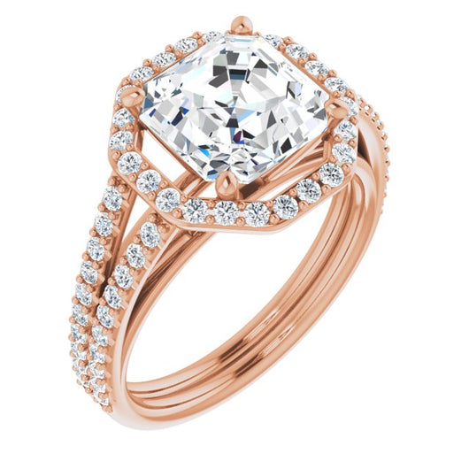 10K Rose Gold Customizable Cathedral Asscher Cut Design with Geometric Halo & Split Pavé Band