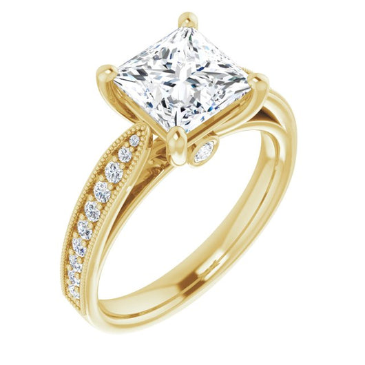 10K Yellow Gold Customizable Princess/Square Cut Style featuring Milgrained Shared Prong Band & Dual Peekaboos