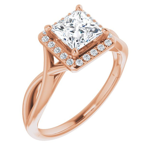 10K Rose Gold Customizable Cathedral-Halo Princess/Square Cut Design with Twisting Split Band