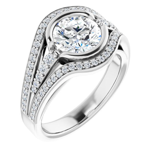 10K White Gold Customizable Cathedral-Bezel Round Cut Design with Wide Triple-Split-Pavé Band