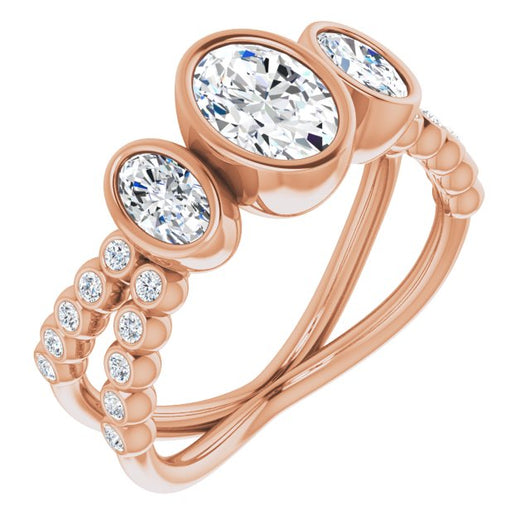 10K Rose Gold Customizable Bezel-set Oval Cut Design with Dual Bezel-Oval Accents and Round-Bezel Accented Split Band