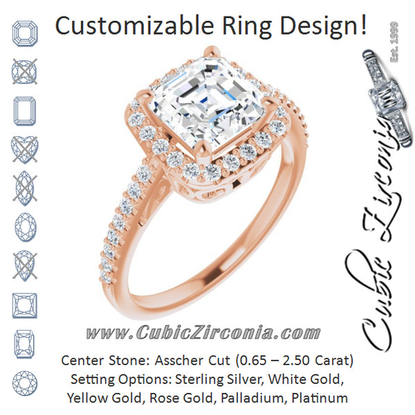 Cubic Zirconia Engagement Ring- The Zaya (Customizable Cathedral-Crown Asscher Cut Design with Halo and Accented Band)