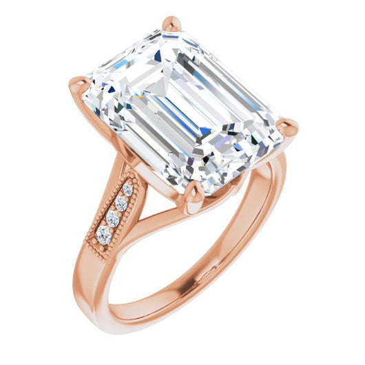 10K Rose Gold Customizable 9-stone Vintage Design with Emerald/Radiant Cut Center and Round Band Accents